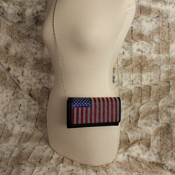 Patriotic Red White Blue Rhinestone Bling Black Hobo Crossbody Mini Shoulder Bag - Picture 1 of 11